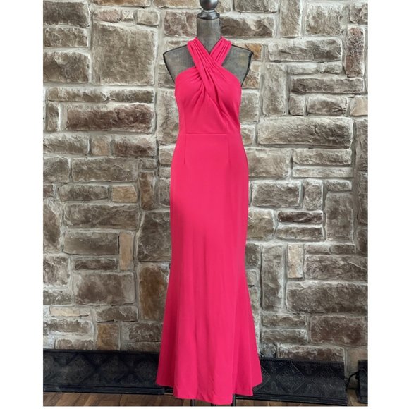 J S COLLECTIONS Hot Pink Twist Halter Gown - New! - Picture 1 of 6